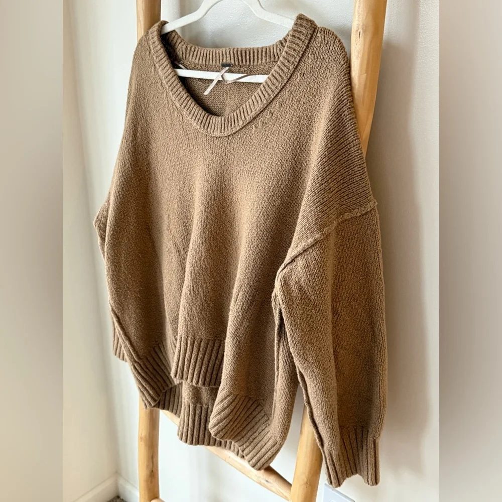 Free People Brookside Boho Soft Oversized Scoopneck Tunic Sweater Desert Camel M
